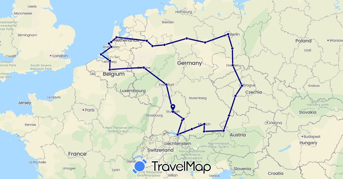 TravelMap itinerary: driving in Austria, Belgium, Czech Republic, Germany, Netherlands (Europe)